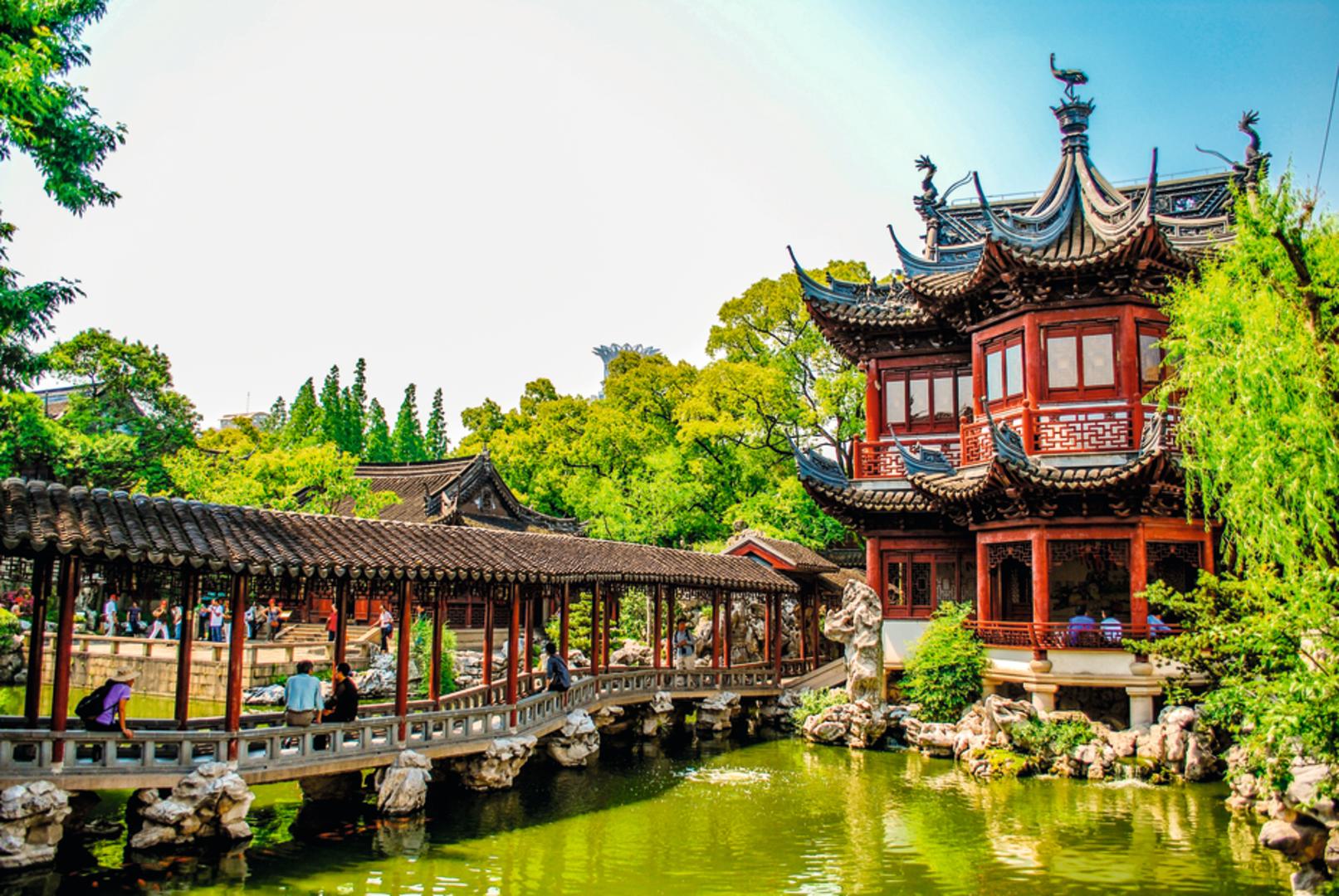 Covered Bridge in the Yu Yuan Tea Garden in Shanghai China.